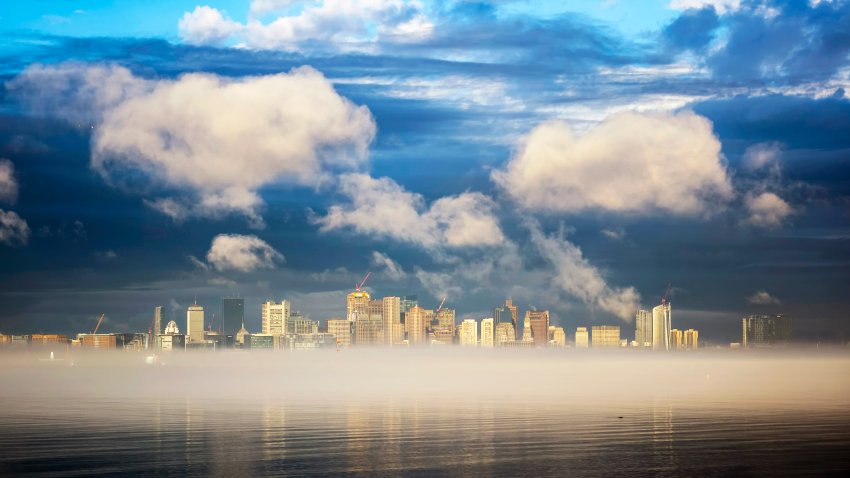 April 1- Boston, Mass. Early morning dense and patchy fog seemed to have rainbow-like colors, at times.