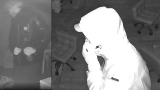 Surveillance stills shared by police in Westboro, Massachusetts, of a person believed to be involved in a rash of break-ins in the first few days of 2023.