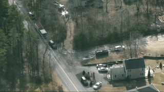 Firefighters at the scene of a hazmat situation in Middleboro, Massachusetts, on Monday, Feb. 27, 2023.