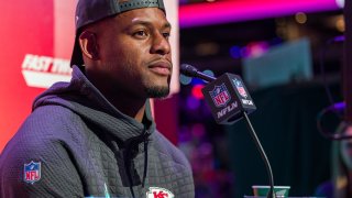 This Feb. 6, 2023, file photo shows Kansas City Chiefs wide receiver JuJu Smith-Schuster speaks to the media during the NFL Super Bowl LVII Opening Night at Footprint Center in Phoenix, Arizona.