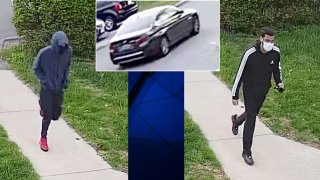Surveillance images shared by Braintree police of a people and a car suspected of being involved in a home invasion in Monday, April 25, 2023.