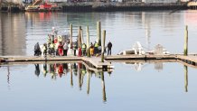 A sunken boat in Chelsea, Massachusetts, on Tuesday, April 4, 2023.