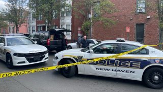 Police at Vernon Street and Congress Avenue in New Haven after shooting.