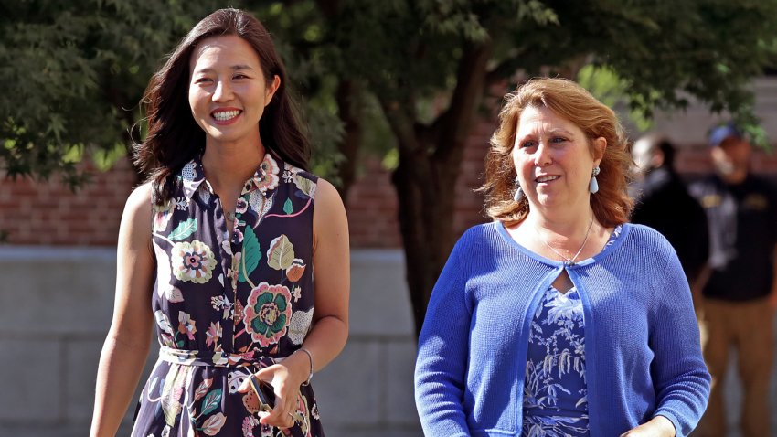 Boston, MA – June 30: Mayor Michelle Wu with incoming new BPS Superintendent Mary Skipper walk together to a press conference that was held outside TechBoston Academy in Dorchester for the new incoming BPS Superintendent in Boston on June 30, 2022. (Photo by David L. Ryan/The Boston Globe via Getty Images)