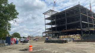 The Norwood Hospital construction site on Friday, June 9, 2023, after a worker fell and was injured.