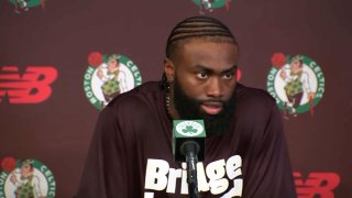 Boston Celtics star Jaylen Brown at a news conference in Cambridge, Massachusetts, on Wednesday, July 26, 2023, after signing a historic contract extension.