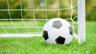 Classic football (soccer) ball on green grass ground in front of white goal with net