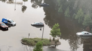 A flooded parking lot in North Attleborough, Massachusetts on Sept. 12