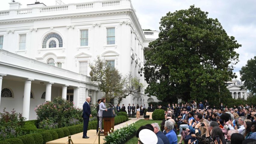 US Vice President Kamala Harris, with President Joe Biden, speaks about gun safety in the Rose Garden of the White House in Washington, DC, on September 22, 2023. (Photo by SAUL LOEB / AFP) (Photo by SAUL LOEB/AFP via Getty Images)