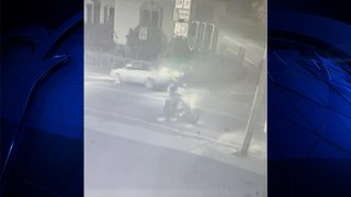 A surveillance still showing a car wanted in a hit-and-run that left a person seriously hurt in Fitchburg, Massachusetts, on Sunday, Sept. 3, 2023.