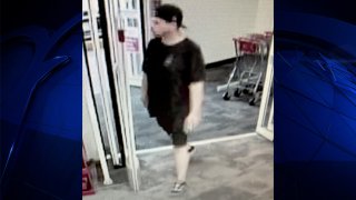 A surveillance still image showing a man who police said lifted a woman's skirt at a CVS in Stoughton, Massachusetts, on Monday, Sept. 11, 2023.