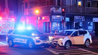 A police cruiser was involved in a crash on Metropolitan Avenue at Washington Street in Boston on Tuesday, Oct. 24, 2023.