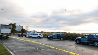 A death investigation underway at Carson Beach in South Boston on Oct. 16, 2023.
