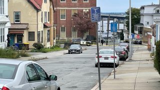 The scene of a shooting on Locust Street in Fall River, Massachusetts, on, Saturday, Oct. 14, 2023.