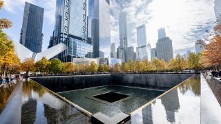 Fall foliage is seen at the north pool of the 9/11 memorial at the World Trade Center in downtown Manhattan on October 26, 2022 in New York City. (Photo by Roy Rochlin/Getty Images)