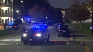 Police at Worcester State University amid a lockdown early on Saturday, Oct. 28, 2023.