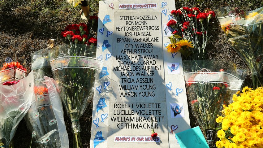 Lewiston, ME – November 3: A poster with the names of those killed in the mass shooting in Lewiston, Maine lies at a makeshift memorial at Schemengees Bar and Grille. (Photo by John Tlumacki/The Boston Globe via Getty Images)