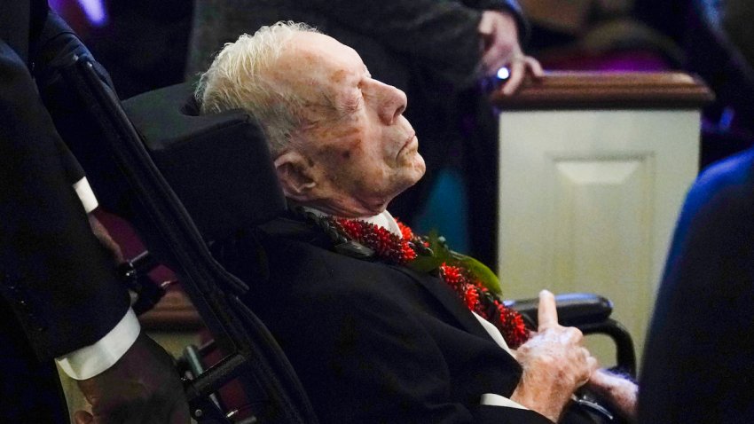 Former President Jimmy Carter arrives for the funeral service for his wife, former first lady Rosalynn Carter at Maranatha Baptist Church on Nov. 29, 2023, in Plains, Georgia. Rosalynn Carter, who passed away on November 19 at the age of 96, was married to former U.S. President Jimmy Carter for 77 years. In her lifetime she was an activist and writer known to be an advocate for the elderly, affordable housing, mental health, and the protection of monarch butterflies.