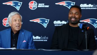 From left: New England Patriots owner Robert Kraft and newly appointed head coach Jerod Mayo speak to the media during a news conference unveiling Mayo at Gillette Stadium in Foxborough, Massachusetts, on Wednesday, Jan. 17, 2024.