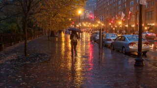 Wet Streets Along Boston Commons at Dusk in the Rain