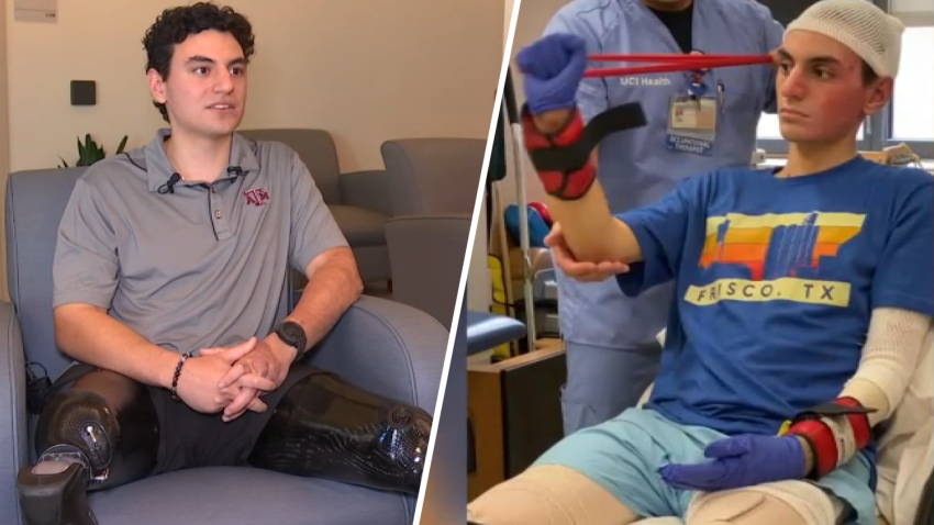 A split image of 21-year-old Jackson Gutierrez. The left shows him speaking to NBC4 on Thursday, Jan. 11, 2024 and the right shows him during his recovery from a horrific car crash.