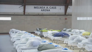 Inside the Melnea Cass Recreation Center in Boston's Roxbury neighborhood, after its temporary conversion into a migrant shelter.
