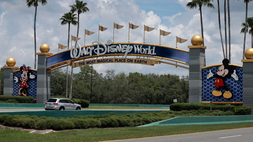 ORLANDO, FLORIDA – MAY 22: A sign near an entranceway to Walt Disney World on MAY 22, 2023 in Orlando, Florida. Florida Gov. Ron DeSantis is asking that a federal judge be disqualified from the First Amendment lawsuit filed by Walt Disney Co. against the Florida governor and his appointees. The case revolves around the Governor taking over Disney’s special governing district after Disney opposed Florida legislation that critics have dubbed “Don’t Say Gay.” (Photo by Joe Raedle/Getty Images)