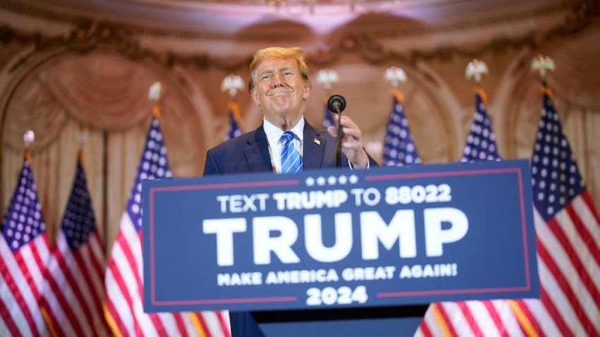 Palm Beach, Florida  – March 5: Republican presidential candidate former President Donald Trump arrives to speak at a Super Tuesday election night party on Tuesday, March 5, 2024 at Mar-a-Lago in Palm Beach, Fla.
(Photo by Jabin Botsford /The Washington Post via Getty Images)