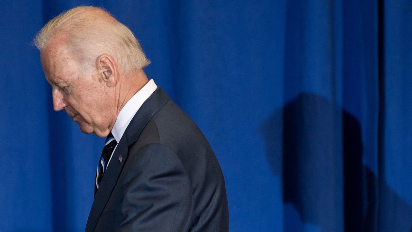 US Vice President Joe Biden leaves after delivering remarks on budget and economic policy at George Washington University in Washington,DC on April 28, 2014.    AFP PHOTO/Nicholas KAMM (Photo by Nicholas KAMM / AFP) (Photo by NICHOLAS KAMM/AFP via Getty Images)