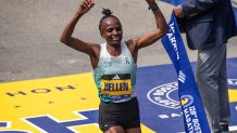 Hellen Obiri of Kenya takes first place in the women's professional field during the 128th Boston Marathon in Boston, Massachusetts, on April 15, 2024. The marathon includes around 30,000 athletes from 129 countries running the 26.2 miles from Hopkinton to Boston, Massachusetts. The event is the world's oldest annually run marathon. (Photo by Joseph Prezioso / AFP) (Photo by JOSEPH PREZIOSO/AFP via Getty Images)