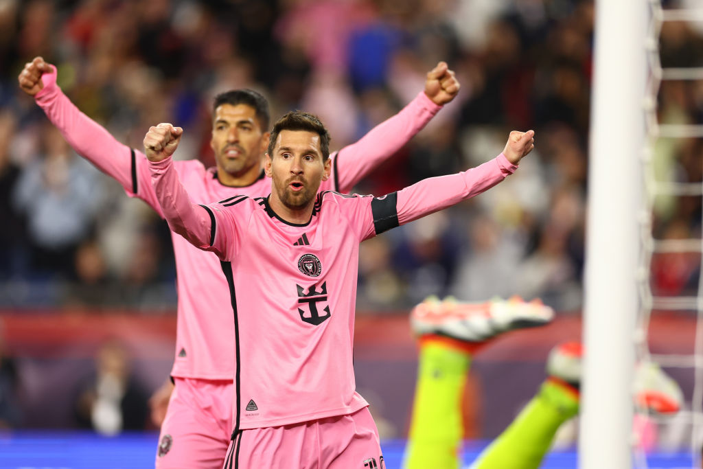 FOXBOROUGH, MASSACHUSETTS – APRIL 27: Luis Suárez #9 and Lionel Messi #10 of Inter Miami celebrate the goal of Benjamin Cremaschi #30 during the second half in the game against the New England Revolution at Gillette Stadium on April 27, 2024 in Foxborough, Massachusetts. (Photo by Maddie Meyer/Getty Images)