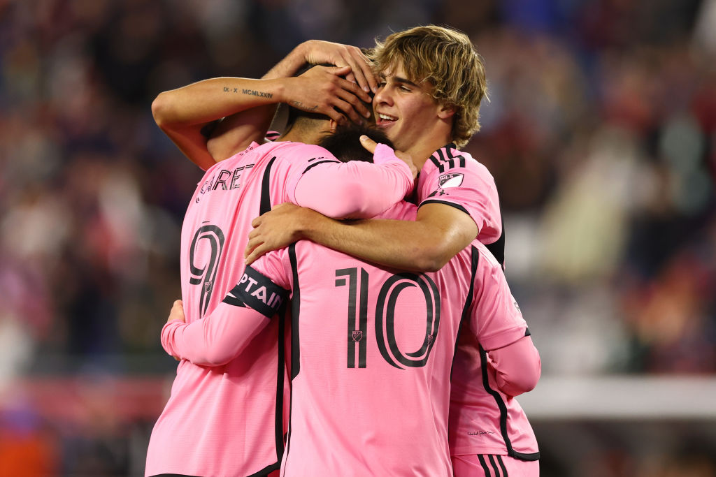 FOXBOROUGH, MASSACHUSETTS – APRIL 27: Luis Suárez #9 of Inter Miami celebrates a goal with teammates during the second half in the game against the New England Revolution at Gillette Stadium on April 27, 2024 in Foxborough, Massachusetts. (Photo by Maddie Meyer/Getty Images)