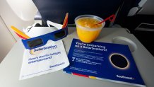 Southwest Airlines flight #1910 from St Louis to Houston passes through the totality of the solar eclipse on April 8, 2024. Photo credit: Stephen M. Keller