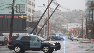 Power lines knocked over in Revere, Massachusetts, during a storm on Thursday, April 4, 2024.