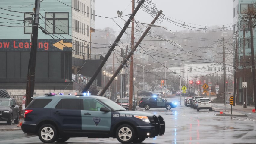 Power lines knocked over in Revere, Massachusetts, during a storm on Thursday, April 4, 2024.