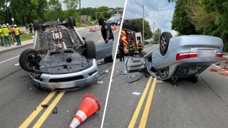 A car that overturned in a crash near Coakley Middle School in Norwood, Massachusetts, on Thursday, May 23, 2024.