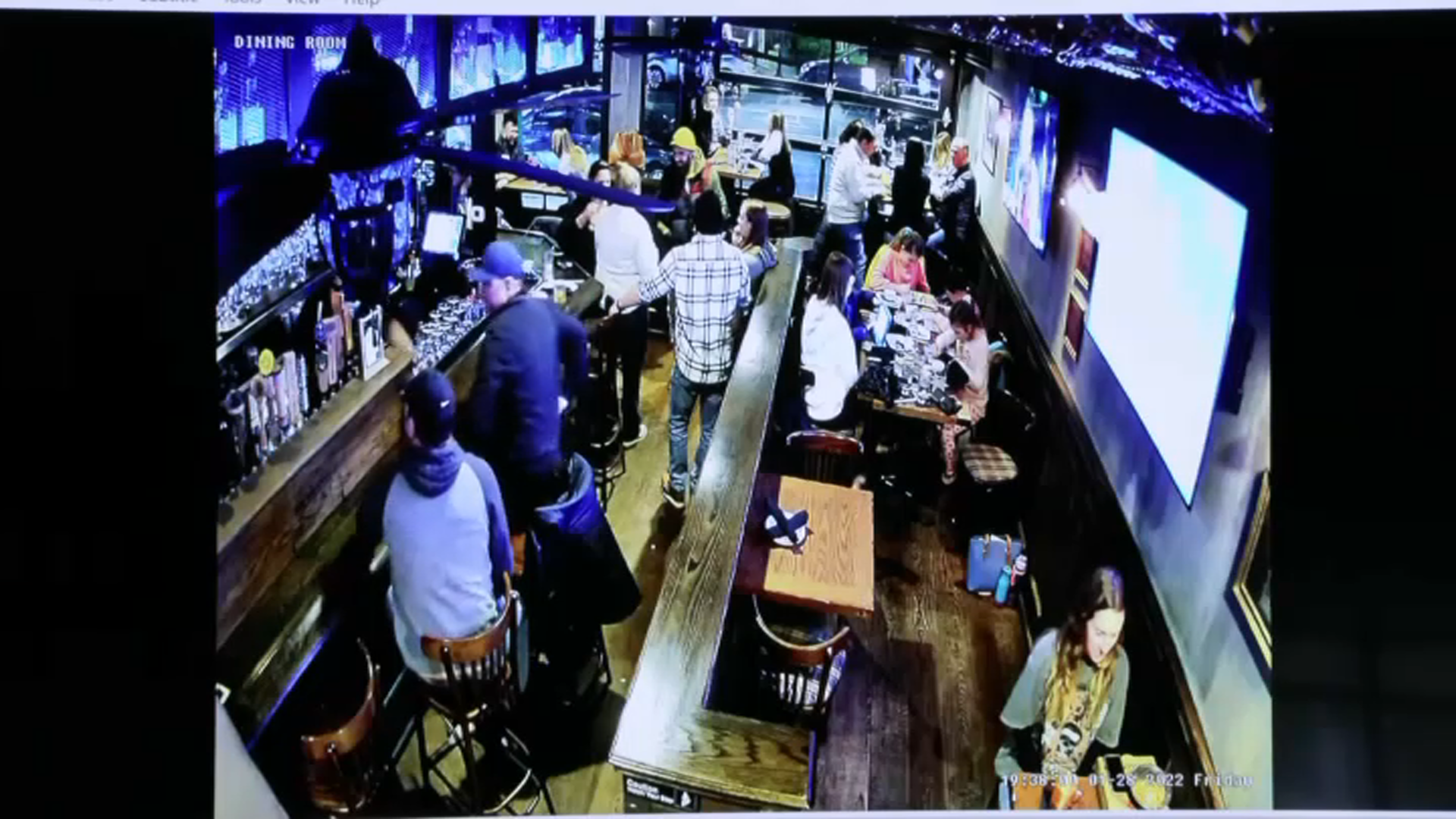 John O'Keefe and friend Michael Camerano, bottom left, at Canton, Massachusetts, bar C.F. McCarthy's on the night of Jan. 28, 2022, the night before O'Keefe died. The surveillance footage was shown at the murder trial of O'Keefe's girlfriend, Karen Read, in Norfolk Superior Court on Wednesday, May 8, 2024.