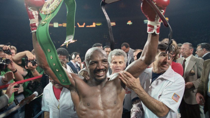 Marvin Hagler celebrating after knocking out Mustafa Hamstro at Madison Square Garden in New York City to win the world middleweight title fight.