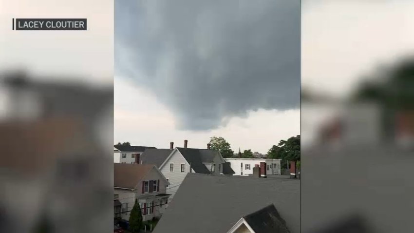 An apparent funnel cloud over Manchester, New Hampshire, amid a tornado warning on Sunday, June 23, 2024.