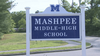 A sign outside Mashpee Middle-High School in Mashpee, Massachusetts, on Cape Cod.