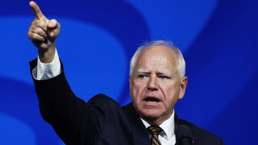 Democratic vice presidential candidate Minnesota Governor Tim Walz speaks at the 46th International Convention of the American Federation of State, County and Municipal Employees (AFSCME) at the Los Angeles Convention Center on August 13, 2024 in Los Angeles, California. Walz made his first solo appearance as the running mate for Democratic presidential candidate, U.S. Vice President Kamala Harris at the event. AFSCME is a union representing 1.4 million public service workers nationwide.