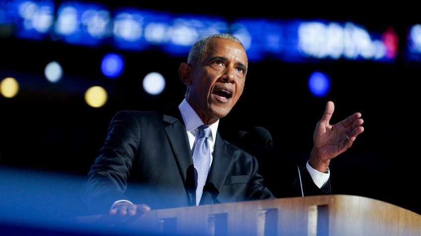 Former US President Barack Obama speaks during the Democratic National Convention (DNC) at the United Center in Chicago, Illinois, US, on Tuesday, Aug. 20, 2024. The Democratic National Convention this week marks the ceremonial crowning of Vice President Kamala Harris and Minnesota Governor Tim Walz as the party’s presidential nominees, capping off a whirlwind month for Democrats who quickly coalesced behind the new ticket after President Joe Biden dropped out of the race in July. Photographer: Al Drago/Bloomberg via Getty Images