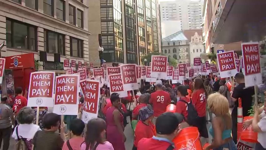 Hotel workers protesting during contract negotiations at a rally organized by Boston’s Local 26 on July 17, 2024.