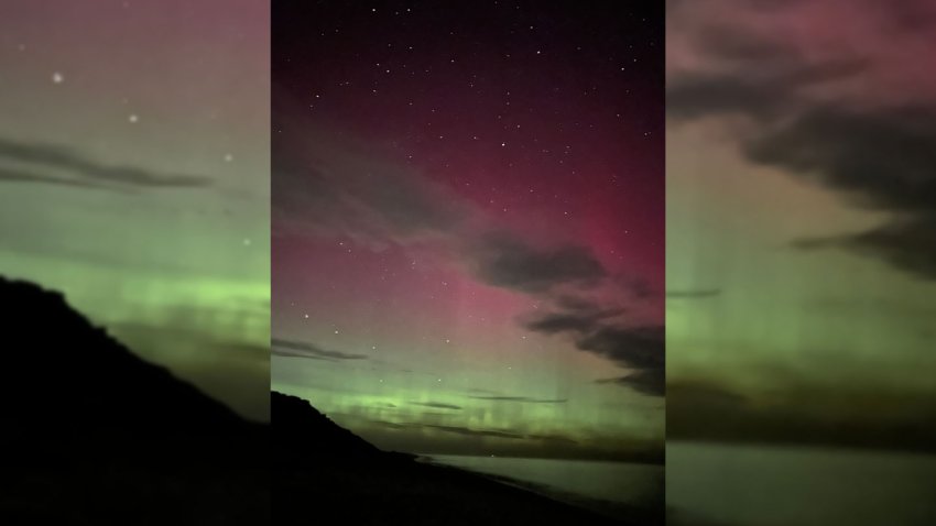 The northern lights as seen off Cape Cod's Marconi Beach early on Monday, Aug. 12, 2024.