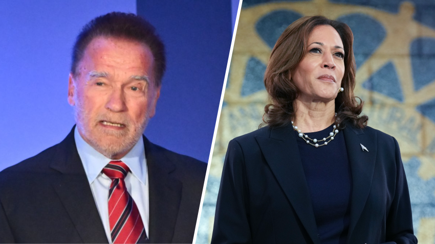 Foto del actor y exgobernador de California Arnold Schwarzenegger, durante un evento en Los Ángeles, California, en noviembre de 2023. Y una foto de la vicepresidenta de EEUU, Kamala Harris.