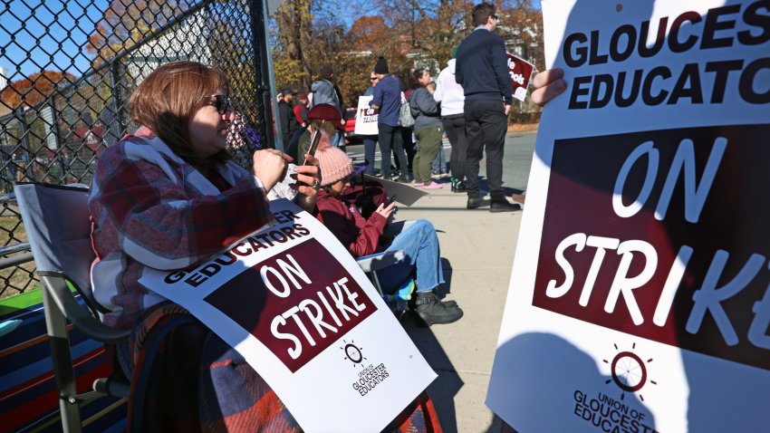 Gloucester, MA – November 8: Striking teachers picket outside of Gloucester High School. (Photo by David L. Ryan/The Boston Globe via Getty Images)