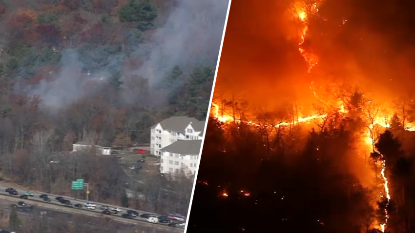 Brush fires burning in Reading (left) and Lynn (right) amid Massachusetts' drought on Friday, Nov. 8, 2024.