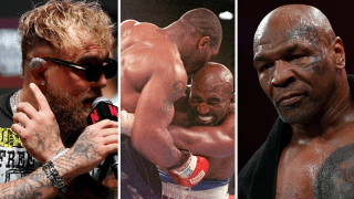 Jake Paul v Mike Tyson-Conferencia de Prensa (Foto de Stephen McCarthy/Sportsfile via Getty Images)/Momento cuando Mike Tyson mordió la oreja a Holyfield en el MGM Grand Garden Arena en Las Vegas. (Foto de JEFF HAYNES/AFP vía Getty Images)