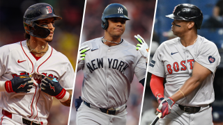 Red Sox outfielder Jarren Duran, Yankees outfielder Juan Soto and Red Sox third baseman Rafael Devers