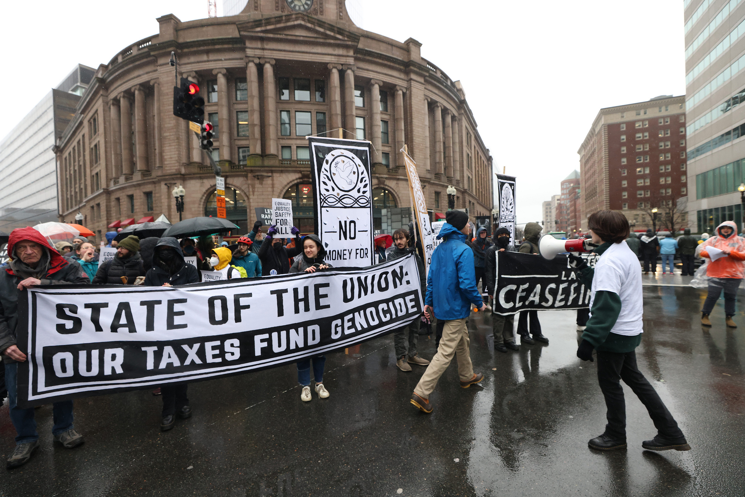 March 7, 2024: Protestors block the area near Boston’s South Station as they call for a ceasefire in Gaza.